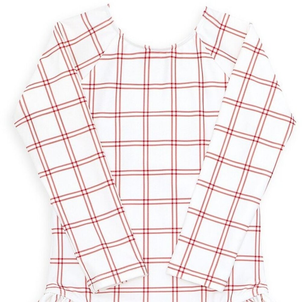 Girls Minnow swim rashguard one piece, red and white windowpane, gently used, 2T